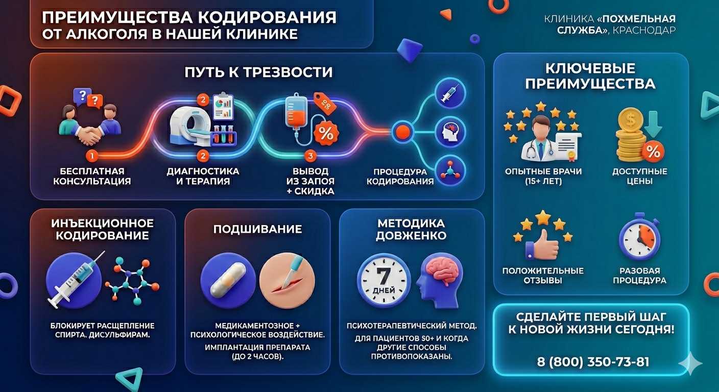 Инфографика о методах кодирования от алкоголя в Никеле: инъекции, подшивание, метод Довженко. Преимущества клиники и этапы лечения.