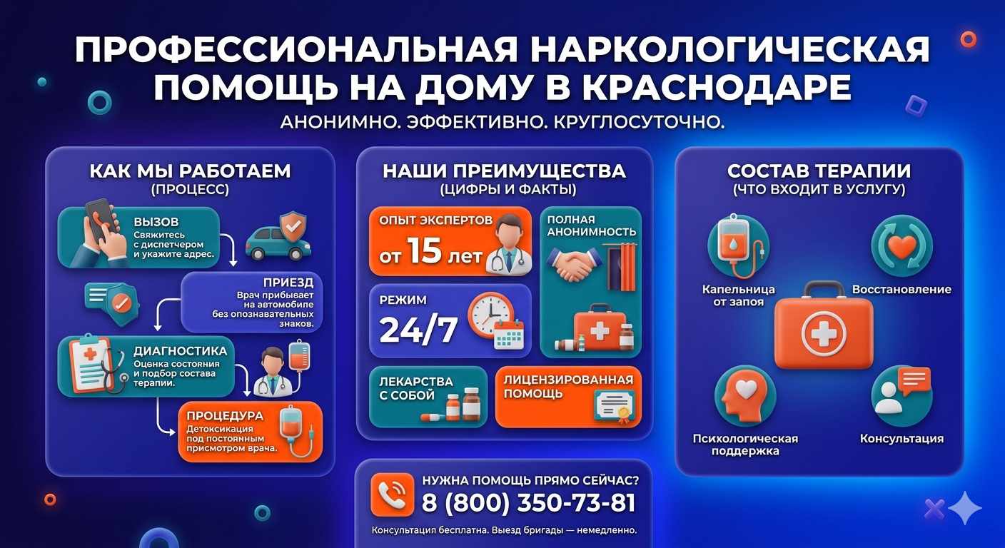 Инфографика о принципах лечения алкоголизма на дому в Никеле: этапы вызова нарколога, преимущества анонимной детоксикации и состав медицинской помощи.